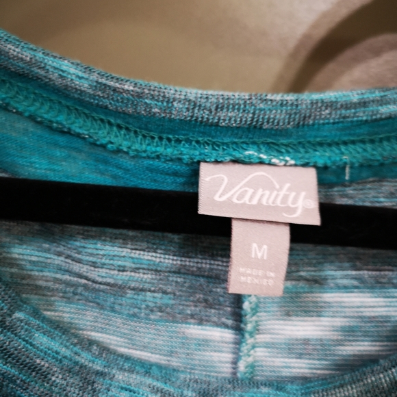 Vanity Teal Striped Floral Burnout Short Roll Cuff Sleeve Top Sz M - Picture 6 of 8